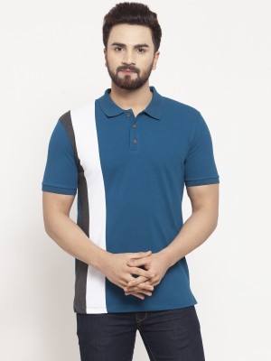 KALT Striped Men Polo Neck Light Blue T-Shirt