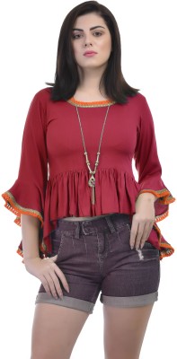 VAANYA Casual Bell Sleeve Solid Women Maroon Top