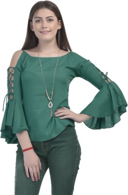 VAANYA Casual Cold Shoulder, Bell Sleeve Solid Women Dark Green Top