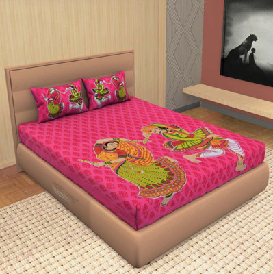 Durga Vishnu Traders 220 TC Cotton Double Jaipuri Prints Flat Bedsheet(Pack of 1, Pink)