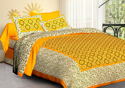 Satrim Cotton Double Flat 220 TC Jaipuri Prints Bedsheet(Pack of 1, Yellow)