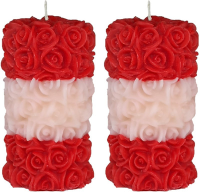 Shraddha Creation Rose Pillar Decorative Scented Designer 3 Layer Smokeless Vanilla Candle(Red, Pack of 2)