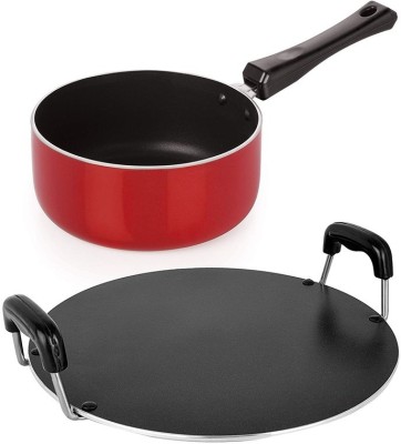 NIRLON Non-Stick Sauce Pan And Round Tawa Cookware (Black & Red_Combo Set) Non-Stick Coated Cookware Set(Aluminium, 2 - Piece)