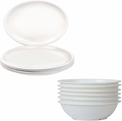 Kanha Pack of 24 Plastic Plastic Set 24 pcs Unbreakable Dinnerware Everyday Use Indoor & Outdoor Round Shape 12 Deep Bowls and 6 Plates Serving Set - White Dinner Set(White, Microwave Safe)