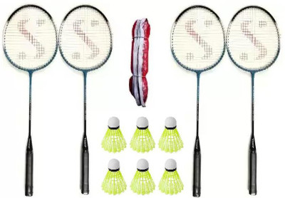 Monika Sports 4 Pc Badminton Racquet + 6 pc Nylon Shuttle + Two sided Niwar tape Badminton net Badminton Kit