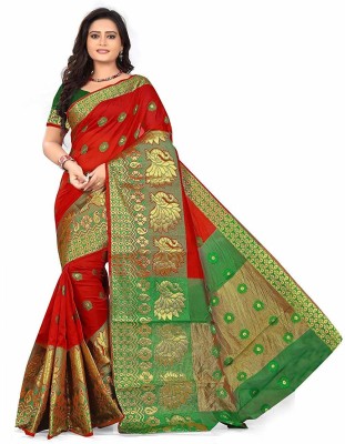 3SIX5 Self Design Banarasi Silk Blend, Cotton Blend Saree(Red)