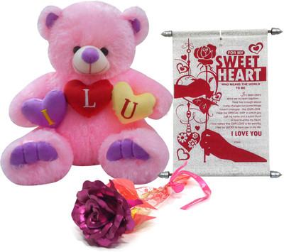 Saugat Traders Soft Toy, Greeting Card, Artificial Flower Gift Set