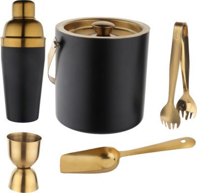 Steren Impex Steren Impex | Stainless Steel - Gold | Bar Set - 5 Pcs - (Double Wall - Ice Bucket, Tong, Peg Measure, Ice Scoop & Cocktail Shaker) Bar Set(Stainless Steel)