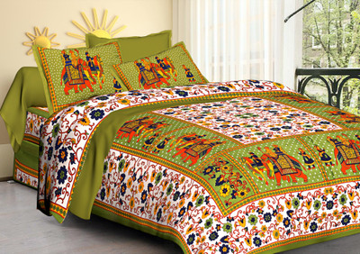 Himaja 180 TC Cotton Double Jaipuri Prints Flat Bedsheet(Pack of 1, Green)