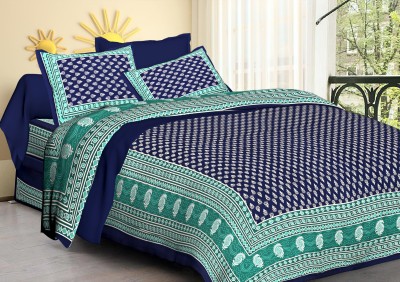 KRISHANATEXTILE 250 TC Cotton King Jaipuri Prints Flat Bedsheet(Pack of 1, Blue, White)