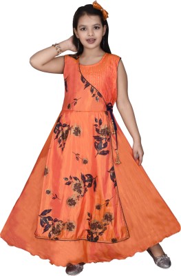 High Fame Girls Maxi/Full Length Party Dress(Orange, Sleeveless)