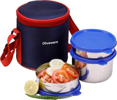 Oliveware Lovlely Stlyo Lunch Box | Stainless Steel Containers | Idle for Office Use | Insulated Fabric Bag | Leak Proof & Microwave Safe | Full Meal & Easy to Carry - Blue 3 Containers Lunch Box(600 ml)