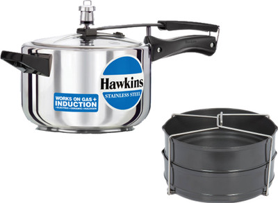 Hawkins Stainless Steel 4 Ltr Pressure Cooker With Hard Anodised 2 Pc Separater Cooker Dabba and Stand 4 L Inner Lid Induction Bottom Pressure Cooker(Hard Anodized, Stainless Steel)