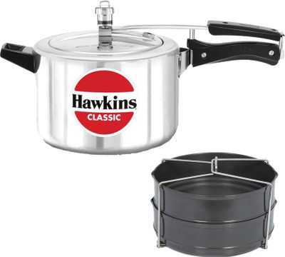 Hawkins Classic 5 Ltr Silver Pressure Cooker With Hard Anodised 2 Pc Separater Cooker Dabba and Stand 5 L Inner Lid Pressure Cooker(Aluminium)