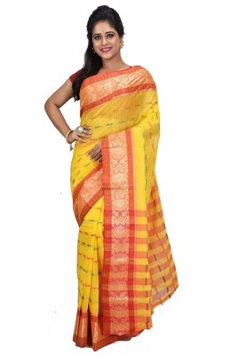 Desh Bidesh Self Design, Paisley, Woven, Embellished, Floral Print Jamdani Handloom Pure Cotton Saree(Red, Yellow)