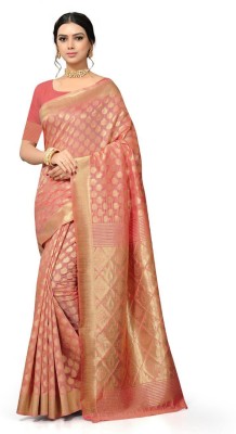 Kiva India Woven Banarasi Cotton Silk Saree(Orange)