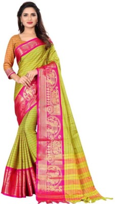 SVB Sarees Checkered Banarasi Jacquard, Art Silk Saree(Green, Pink)