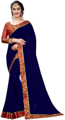 Online Bazaar Solid/Plain Daily Wear Georgette, Chiffon Saree(Dark Blue)