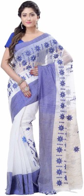 Desh Bidesh Printed, Striped Handloom Handloom Pure Cotton Saree(White, Blue)