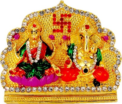 9facts Lord Laxmi Ganesha Car Dashboard Idol Spiritual Vastu Pooja Figurine Sculpture / Designer Stone Studded Puja Religious Idol Decorative Showpiece Decorative Showpiece  -  7 cm(Plastic, Gold)