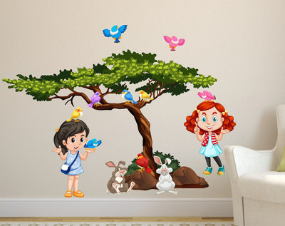 Littlebuds 110 cm Kids Playing Under Tree Removable Sticker(Pack of 1)