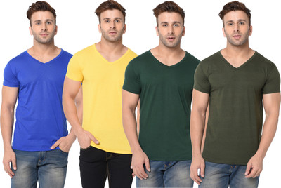 Jangoboy Solid Men V Neck Dark Green, Blue, Yellow T-Shirt