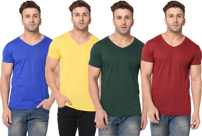 Jangoboy Solid Men V Neck Multicolor T-Shirt