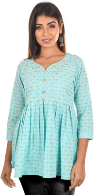 Kalagram Casual 3/4 Sleeve Printed, Floral Print Women Light Blue Top