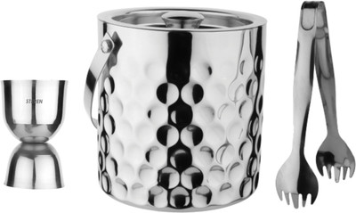 Steren Impex Steren Impex | Stainless Steel - Coin Design | Bar Set - 3 Pcs - (Double Wall - Ice Bucket, Tong & Peg Measure) Bar Set(Stainless Steel)