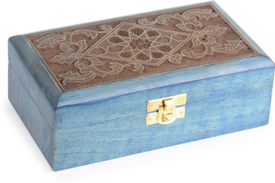 StyleMyWay Handcarved Wooden Handmade Decorative Jewellery and Keepsake Blue Storage Box with Inlay Work -7in X 4in Cash Box(1 Compartments)