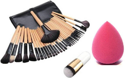 Rsentera 32 Pcs Synthetic Makeup Brush with Leather Case and White Foundation Brush )Pack of 2)(33 Items in the set)