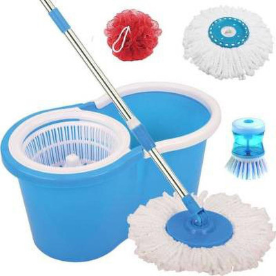 GTE Spin Mop Rotating Steel Pole & Plastic Bucket with 2 Microfiber Head,1 sink brus Mop Set(Blue)
