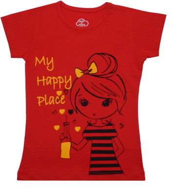MIST N FOGG Girls Typography, Printed Cotton Blend Regular T Shirt(Red, Pack of 1)