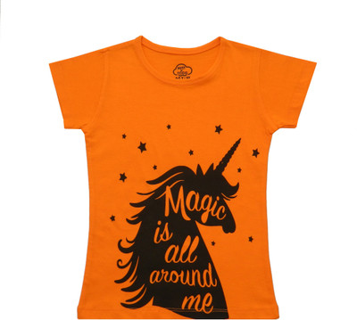 MIST N FOGG Girls Typography, Printed Cotton Blend Regular T Shirt(Orange, Pack of 1)