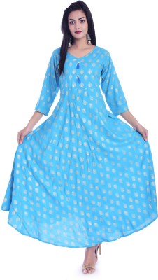 KPF Women Block Print Anarkali Kurta(Light Blue)