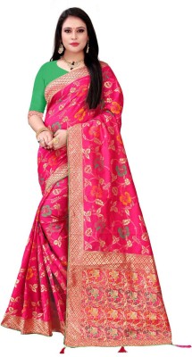 Kanooda Prints Woven Banarasi Cotton Silk Saree(Pink)