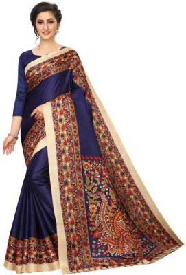 Shri Ambe Sarees Printed Kalamkari Art Silk, Satin Saree(Dark Blue)