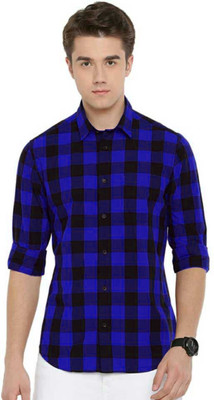 REHAN Men Checkered Casual Dark Blue, Black Shirt