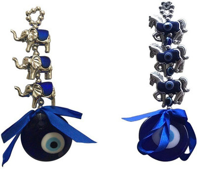 Ryme Combo Of 3 Elephant Evil Eye With 3 Horse Evil Eye Wall Hanging/Door Hanging for Home/Office Decorative Showpiece  -  9 cm(Glass, Blue)