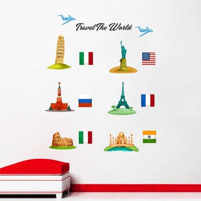 Wallzone 70 cm Travel The World Large Vinyl Wallsticker(80 cm x 100 cm) Self Adhesive Sticker(Pack of 1)