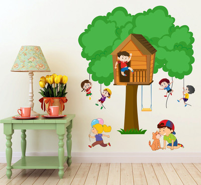 Wallzone 110 cm Colorfull Tree With Kids Removable Sticker(Pack of 1)