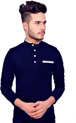 PEAK MOUNT Solid Men Mandarin Collar Dark Blue, White T-Shirt