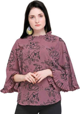 helppyindia Casual Flared Sleeve Floral Print Women Pink Top