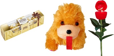 FERRERO ROCHER Beautiful Red Rose Ring Box with Chocolates and teddy dog | Pack of 4 Combo(Cute Dog Taddy - 1, Ferrero Rocher Pack Of 4 Chocolate - 1, Red Rose Flower Ring Case with Light & Music - 1)