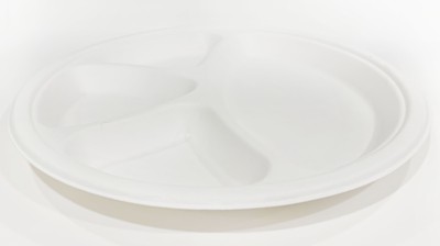 Ambassador TWI-Biodegradable Disposable Sugarcane Bagasse Paper Pulp Molded Tray Round Plates 11'' Inches 4 Compartment (Eco Friendly) Pack of 25 Dinner Plate(Pack of 25, Microwave Safe)