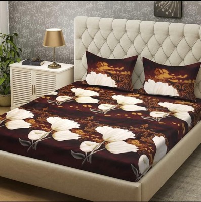 VHD 144 TC Polycotton Double Floral Flat Bedsheet(Pack of 1, Brown, White)