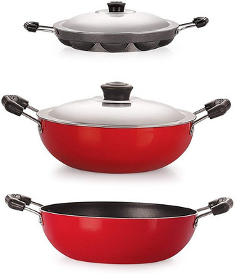 NIRLON Professional Non Stick Cookware Set Kadai 2 Liter, Deep Kadai with Lid Medium 2.2 Liter, Appam Patram 12 Pits Non-Stick Coated Cookware Set(Aluminium, 3 - Piece)