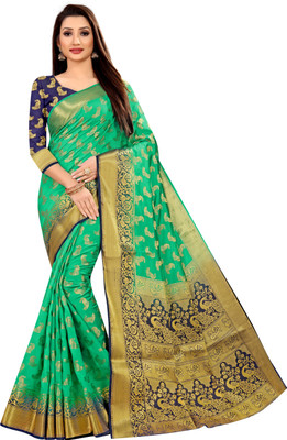 Matangi Exporter Self Design, Embellished Banarasi Silk Blend Saree(Green)