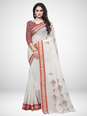 Ratnavati Embroidered, Solid/Plain Bollywood Cotton Silk Saree(Red, Cream)