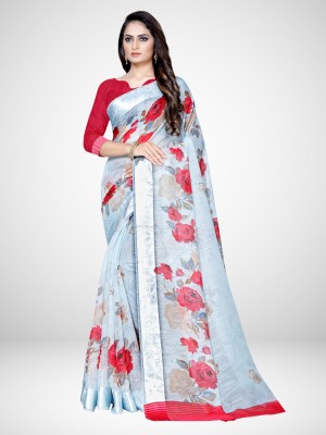 Ratnavati Floral Print Bollywood Cotton Linen, Satin Saree(Blue)